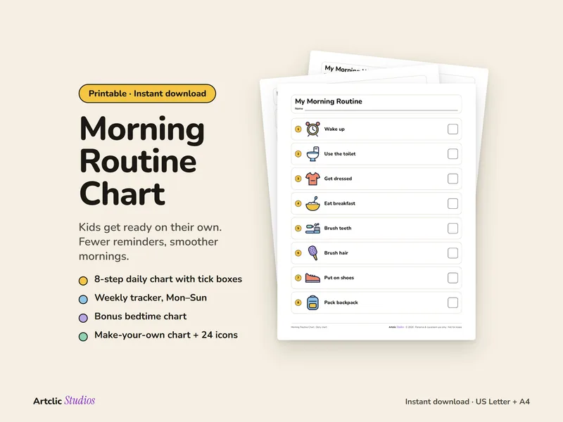 Morning Routine Chart cover: the My Morning Routine checklist with eight illustrated steps and tick boxes, in front of the weekly tracker and the bedtime chart.