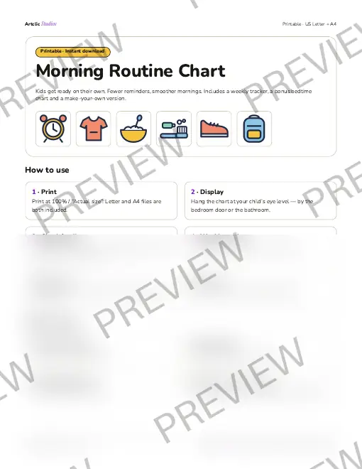 Page 1 preview: chart introduction with six pictograms and the how-to-use steps; lower half blurred and watermarked.