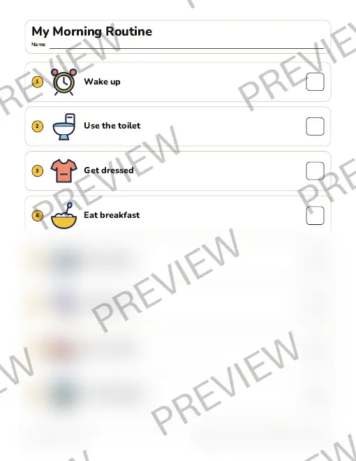 Page 2 preview: the My Morning Routine checklist, starting with Wake up; lower half blurred and watermarked.