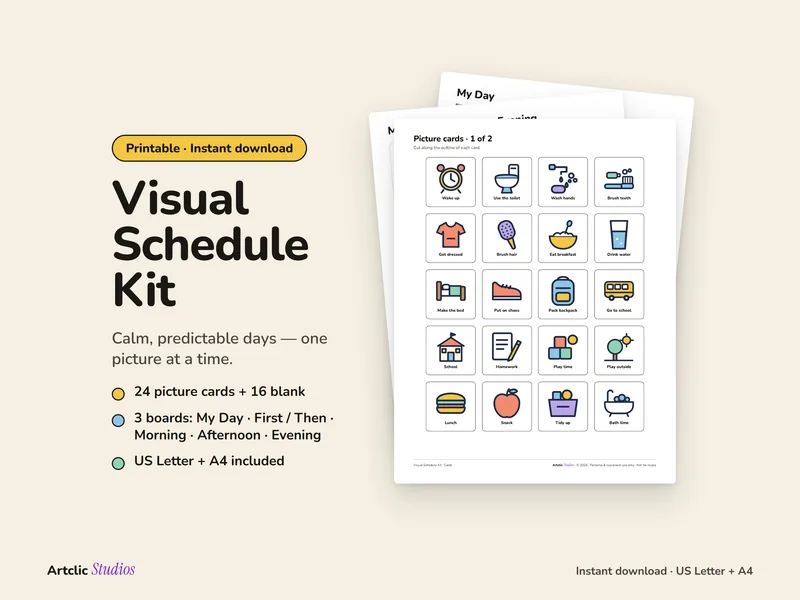 Visual Schedule Kit cover: the picture cards page in front of the My Day and Morning · Afternoon · Evening boards.