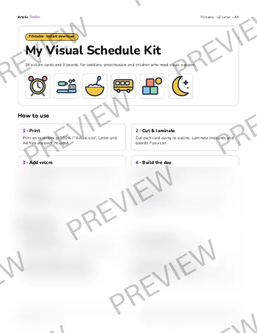 Page 1 preview: kit introduction with six pictograms and the how-to-use steps; lower half blurred and watermarked.