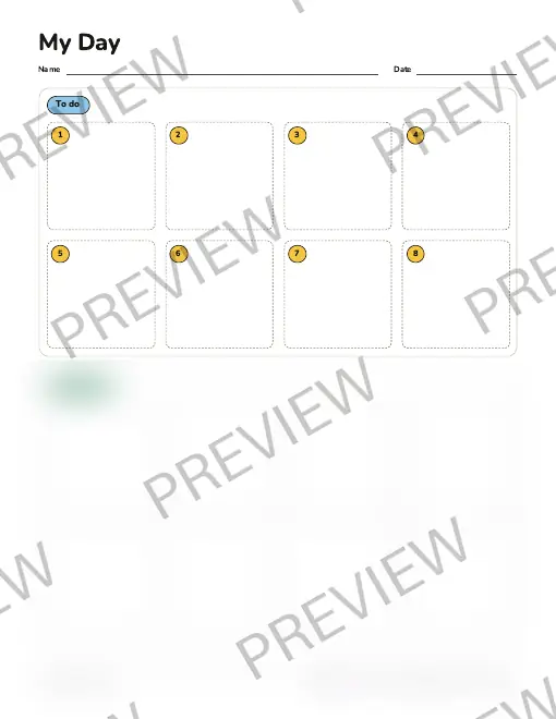Page 2 preview: the My Day board with numbered squares; lower half blurred and watermarked.